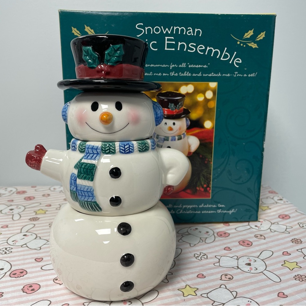 Snowman Christmas Ceramic Ensemble Hallmark Holiday Sugar Bowl Salt Pepper